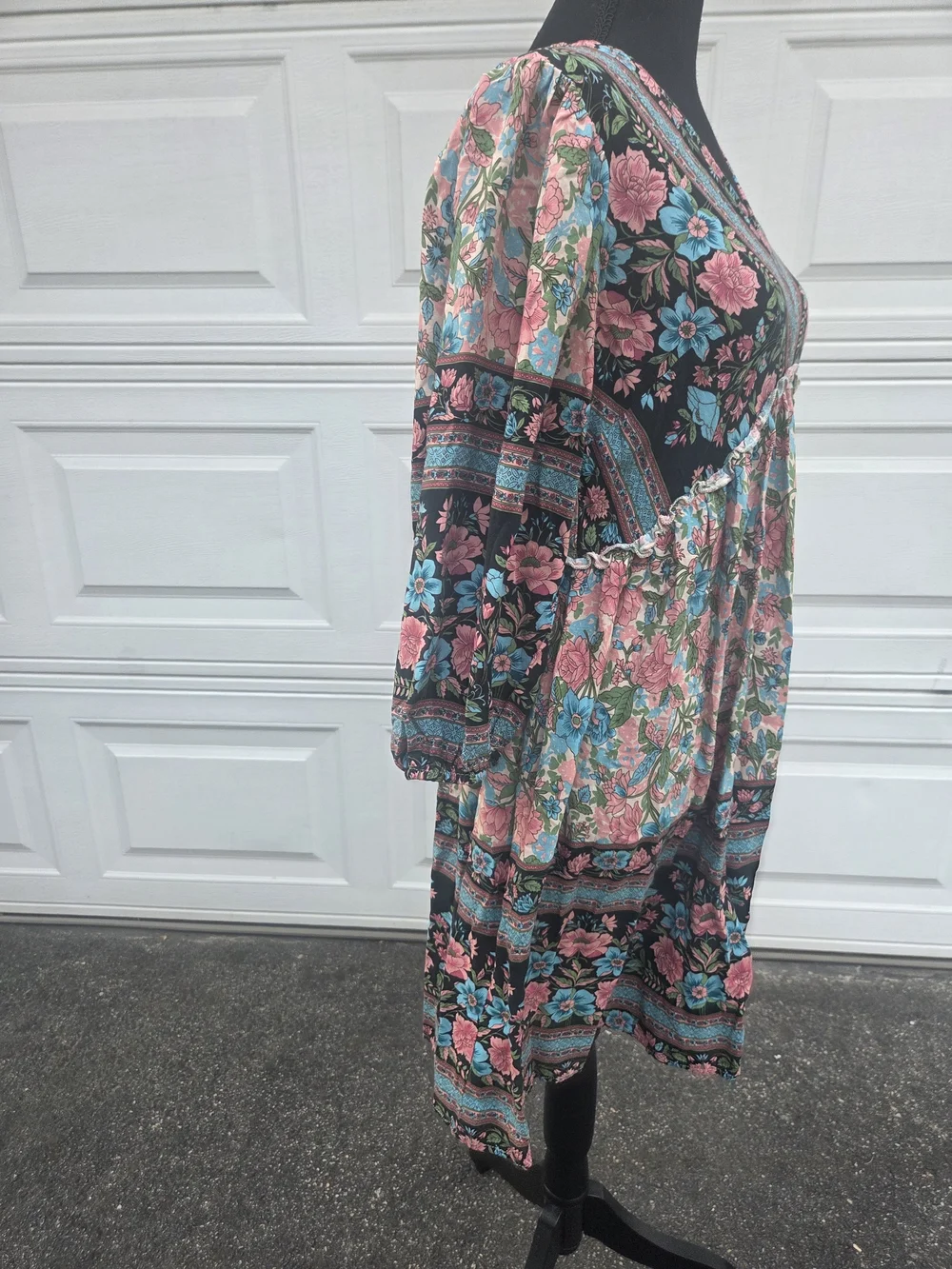 BTFBM Floral Boho Babydoll Mini Dress Pink Blue Long Sleeve V-Neck Size M - Picture 6 of 14